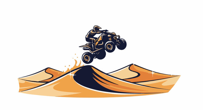 A rider on a quad bike performs a jump over sand dunes