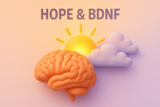 Concept of hope and positivity for mental health and wellness. brain with bdnf molecule symbol, sunrise light breaking through cloud represents neuroscience breakthrough
