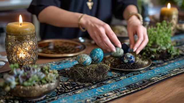 Nowruz table setting process shows hands arranging mirror, candles, painted eggs, and sprouted lentils on silk runner, traditional Persian new year preparation ritual captured, per