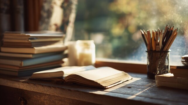 Cozy reading nook with open book and pencils by sunny window