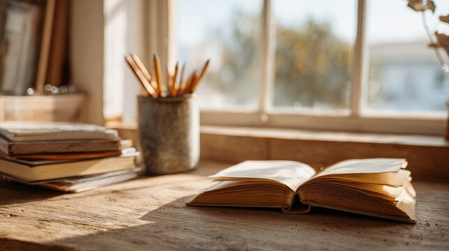 Open book and pencils on rustic wooden desk by sunny window