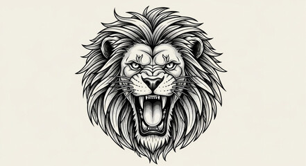 Obraz premium Fierce Lion Head Illustration with Open Mouth and Mane.