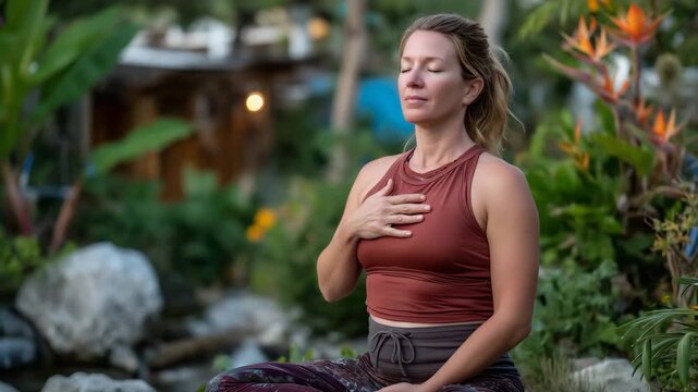 Person practices trauma informed breathwork exercise placing one hand on chest other on belly feeling breath movement while sitting in peaceful garden space with eyes closed proces