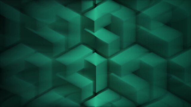 Blurred Abstract 3D Green Geometric Cube Pattern Background with Isometric Depth