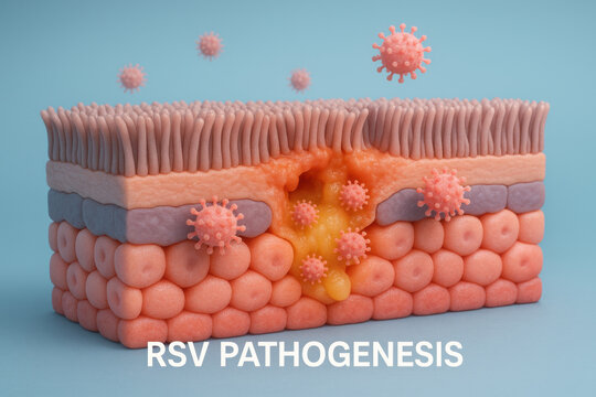 Serious RSV pathogenesis medical illustration shows respiratory virus infection. This cross section of airway details attacking particles causing epithelial cell damage and inflammation