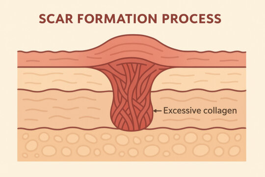 Informative medical diagram of scar formation process with excessive collagen. dermatology graphic showing skin cross section with raised tissue buildup after wound