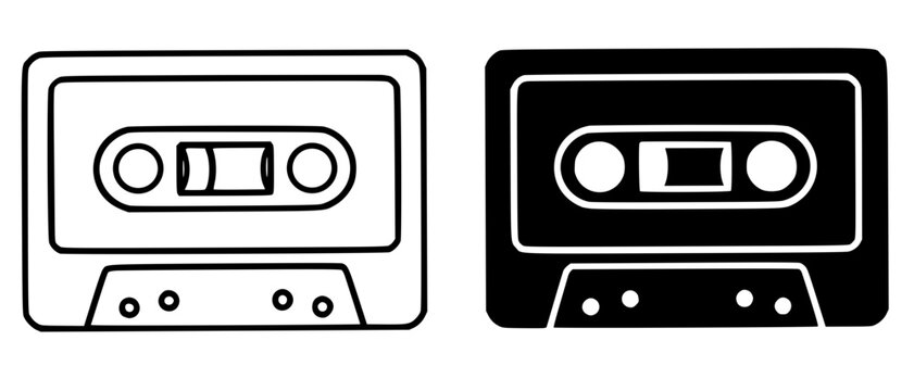 Cassette minimalist icon, in outline and silhouette design, isolated on transparent background