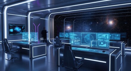 Fototapeta premium Futuristic command center features advanced holographic displays overlooking deep space.