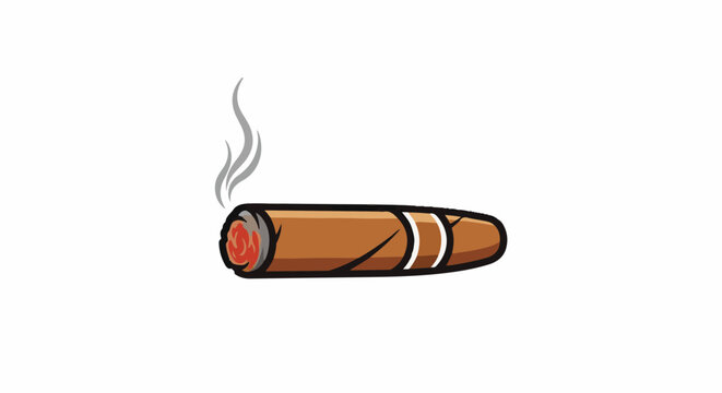 A stylized brown cigar glows with red embers and wisps of smoke curl upwards