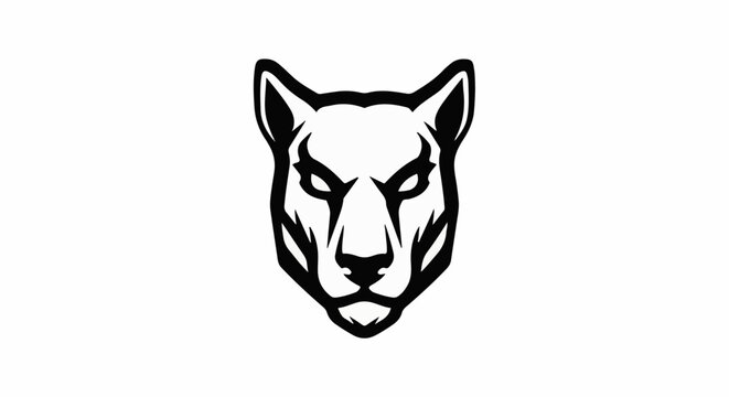 A stark black and white graphic design of a fierce animal's head with sharp features