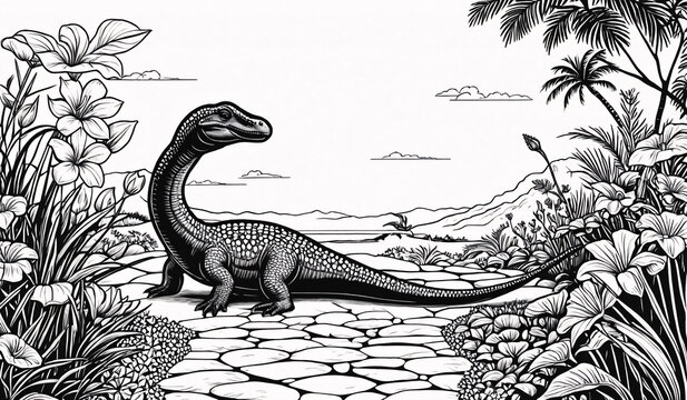 Baby plesiosaurus stands out amidst vibrant flowers and serene atmosphere