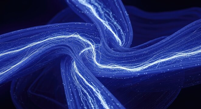 Abstract visualization of energy ripples moving through a complex multidimensional fabric structure. Deep blue and purple tones flow smoothly, purple, space, frequency