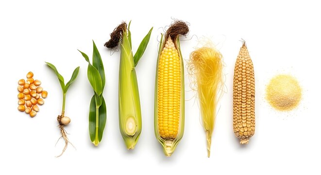 A collection of corn in various stages of growth and processing on a white background