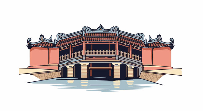 A pixelated, front-facing view of a historical covered bridge with ornate, tiled roofs and arched openings