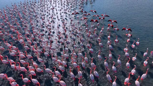 Aerial top view of flamingos running and taking flight. Flamingo flock moving and flying over shallow water.