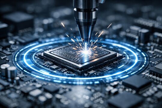 Microchip laser etching on futuristic circuit board closeup concept. Ai generative