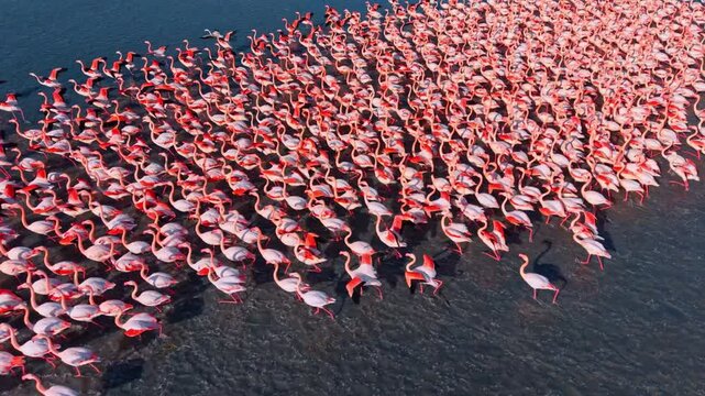 Massive flock of pink flamingos wading through shallow lake. High angle shot of a dense group of flamingos moving together in coastal wetlands.
