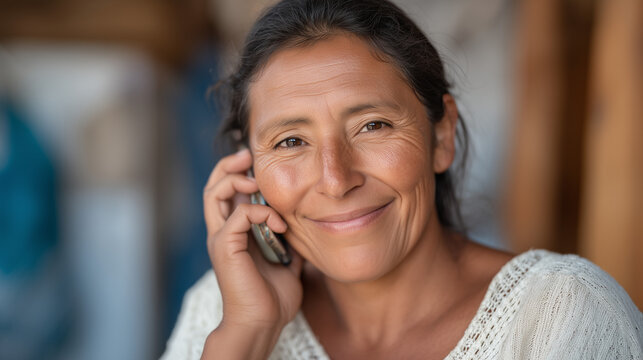 Salvadoran woman video-calling family on cracked phone screen in laundromat, homesick smile that doesn't reach eyes, foreign currency and local coins mixed in change dish nearby, immigrant experienc