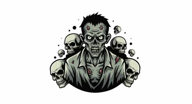 A scary zombie portrait surrounded by skulls and floating dark dots