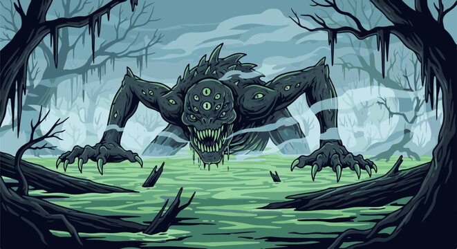 A pixelated, multi-eyed creature emerges from a murky swamp, shrouded in mist