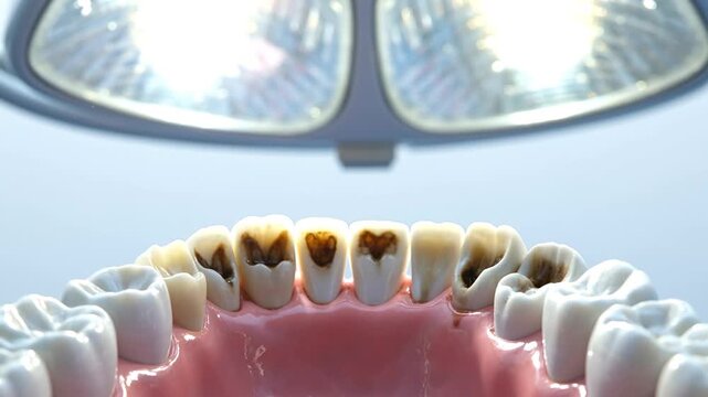 Unhygienic teeth with decay under dental examination light
