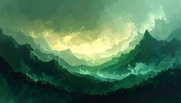 An abstract landscape portrays layered mountain ranges beneath a luminous, cloud-filled sky with gradients of green and yellow