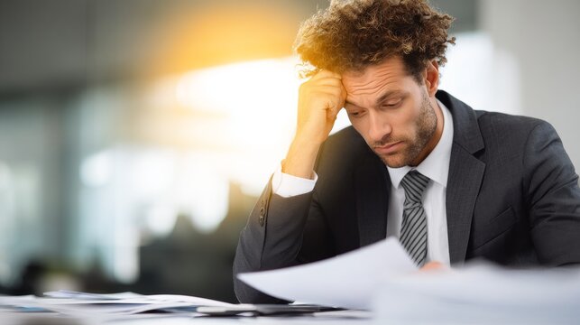 Stressed businessman reviewing documents in a bright office environment