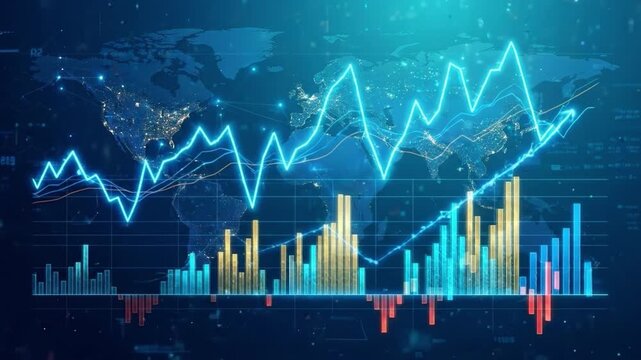 Global market chart financial graph blue line world map stock market growth data visualization with rising line bar chart and economic analysis over blue background