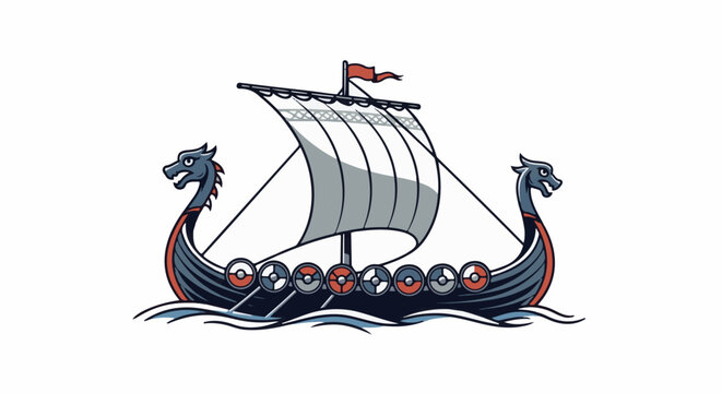 A stylized, cartoonish Viking longship with dragon-head prows sails on waves, featuring shields