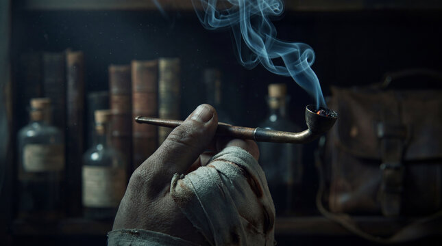 Close-up of a bandaged hand holding a traditional smoking pipe with rising smoke