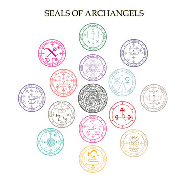 Seals of the Seven Archangels - Set of Magical Sigils and Sacred Geometry Symbols. Occult Talismans for Protection and Invocation featuring Michael, Gabriel, Raphael, and Uriel on White Background.