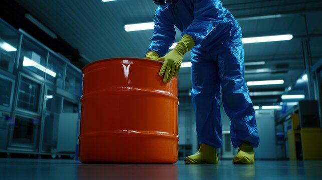 Technician in protective gear handling a red chemical barrel
