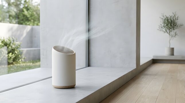 Modern ceramic air freshener diffuser on minimalist windowsill in bright home interior