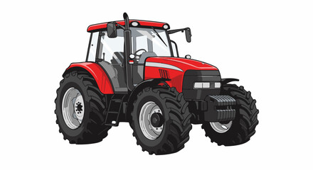 Obraz premium A red farm vehicle with large tires and a covered cab sits against a white background