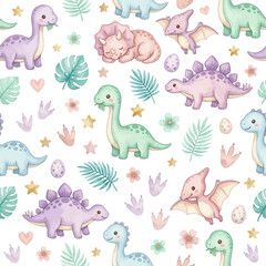 Naklejka premium Watercolor Seamless Pattern — Cute Pastel Dinosaur Nursery Dino Tropical Leaf Baby Background