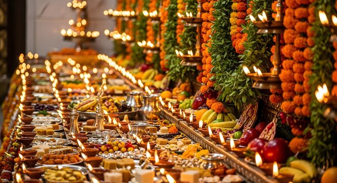 Grand display of lit oil lamps, sweets, fruits & garlands for Hindu puja
