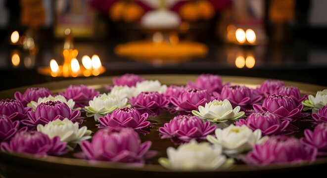 Pink and white lotus flowers floating in a traditional brass bowl prayer