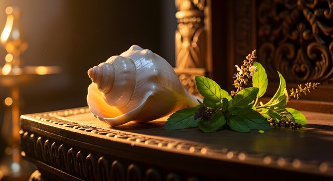 Shankh Conch Shell and Holy Basil Leaves for Hindu Prayer Rituals