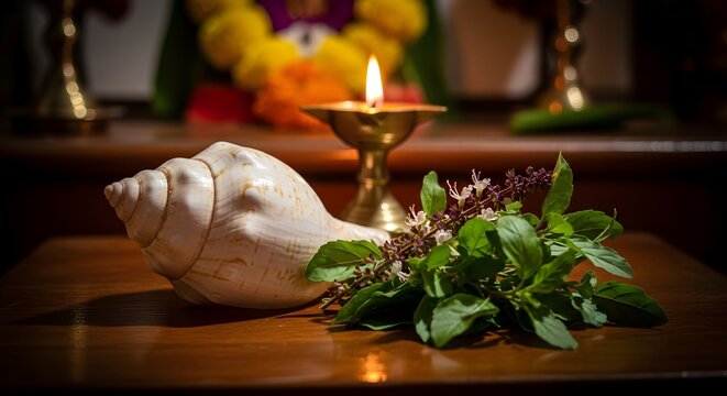 Conch shell and holy basil for Hindu Ashadi Ekadashi prayer ritual