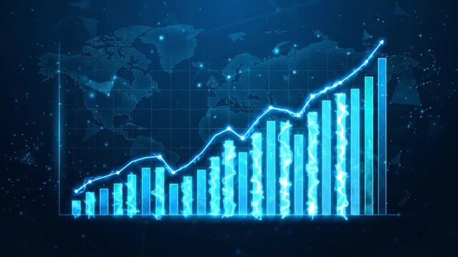 Digital growth chart with glowing bar graph and rising line over world map background, showing global finance data analytics business success