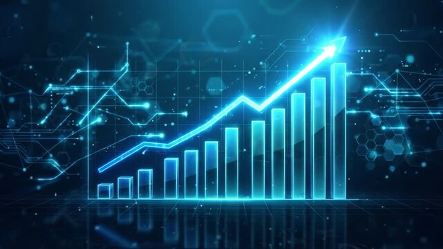 Rising growth chart with glowing bar graph, upward arrow on dark digital background, financial business analytics dashboard, increasing trend and success
