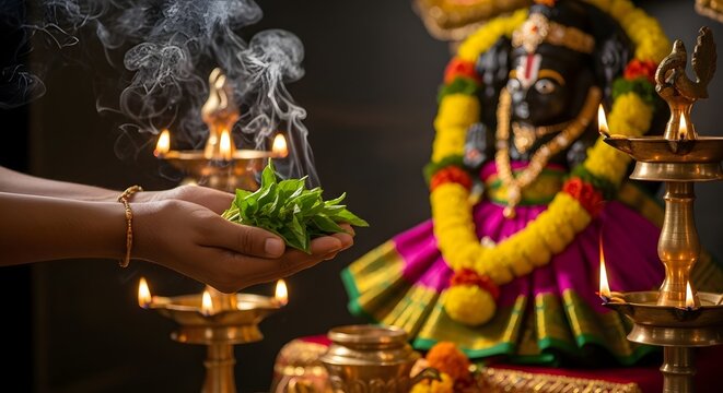 Devotee offering sacred tulsi leaves to Vithoba idol during ritual puja