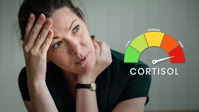 Woman looking stressed with a cortisol level gauge showing high stress
