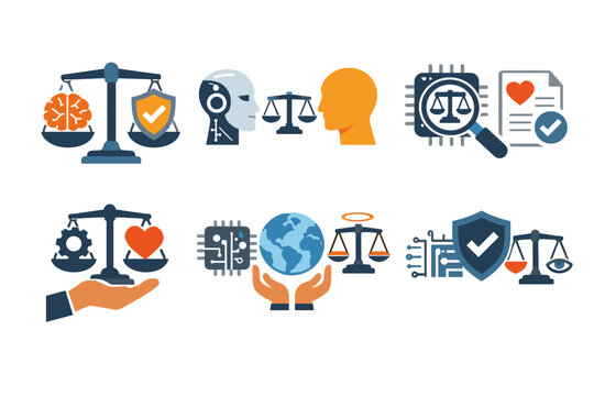 Ethical AI Development Icon Collection: Symbols for Balancing Artificial Intelligence with Human Rights, Legal Compliance, Data Security, Algorithmic Fairness, and Global Tech Regulations.