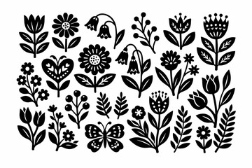 Scandinavian Folk Art Botanical Vector Illustration Set with Wildflowers, Tulips, Daisies, and Berries in Black and White Linocut Style. Nordic Floral Elements for Patterns and Minimalist Design. © Omar