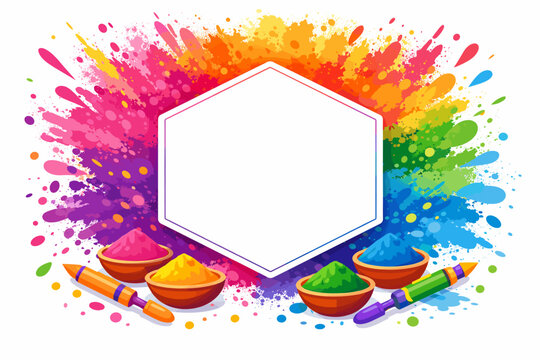 Happy Holi Festival of Colors Background with Vibrant Paint Splashes, Hexagon Frame for Text, Bowls of Gulal Powder, and Pichkari Water Guns. Festive Indian Celebration Vector Illustration Design.