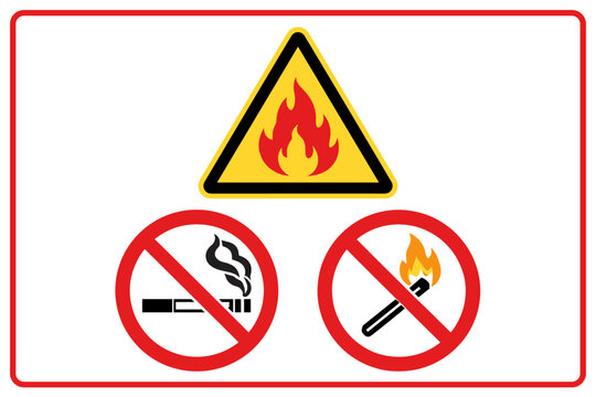 Highly Flammable Warning Sign with No Smoking and No Naked Light Symbols, Vector Illustration of Fire Hazard Safety Notice Isolated on White Background for Industrial and Workplace Protection.