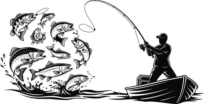 Dynamic Fisherman in Boat Silhouette Vector Illustration Featuring Jumping Bass Fish Group for Fishing Club Logos, Tournament Branding, and Outdoor Sport Apparel Designs