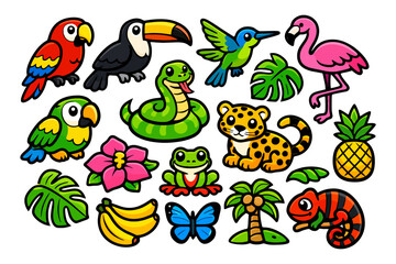 Fototapeta premium Colorful tropical wildlife collection with birds, reptiles, and plants.