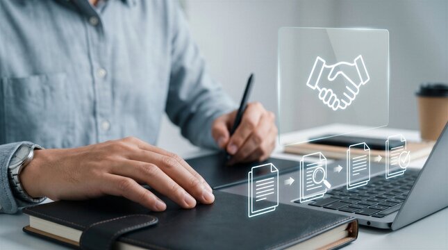 Procurement process management, Digital and paper document approval, contract verification, supplier negotiation, and business purchasing operations using laptop and paper in office environment